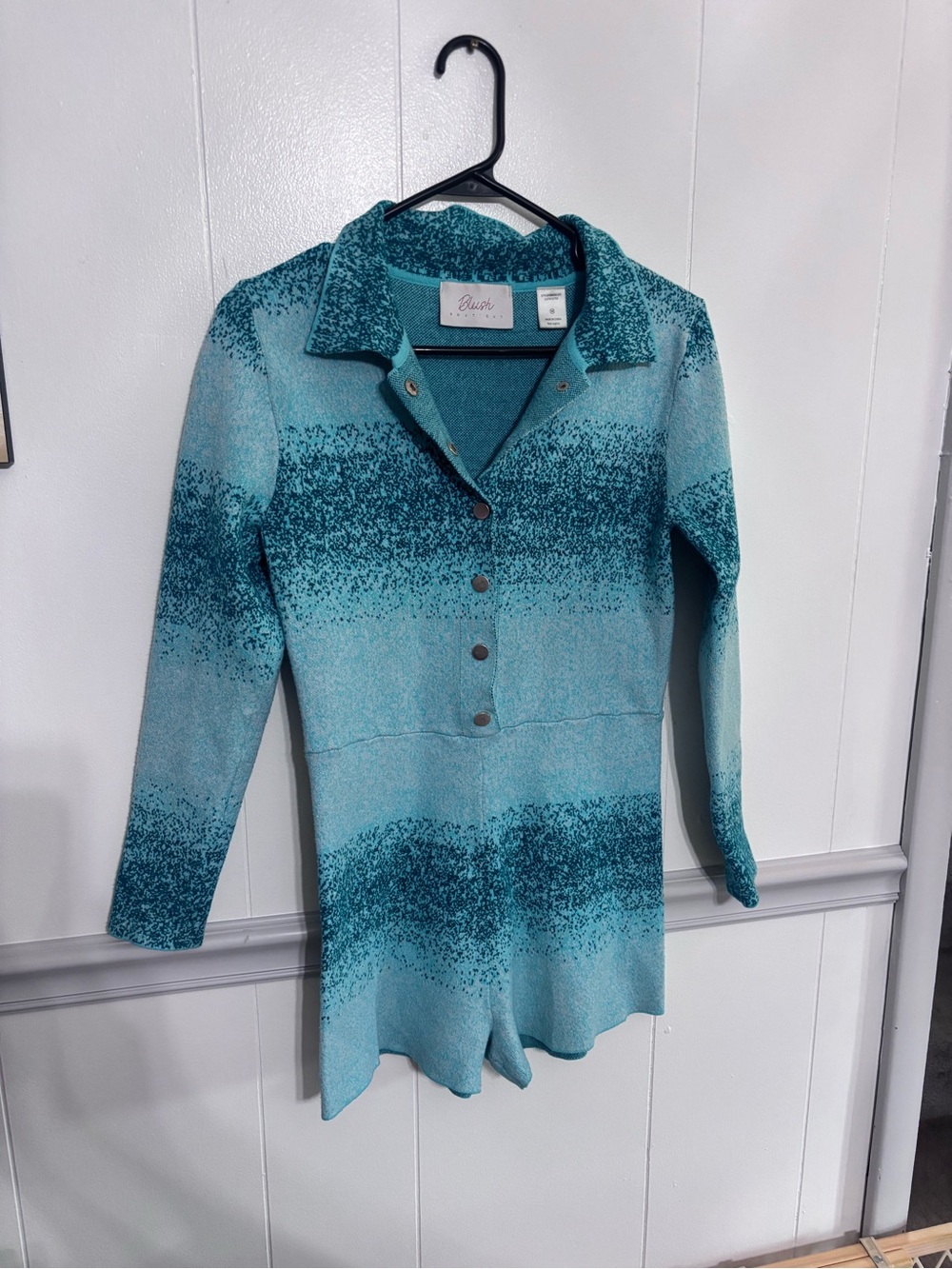 Blush Boutique Teal Ombre Knit Romper with Collar and Snap Buttons